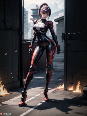 A woman, wearing white cybernetic armor with tight and tight red areas, gigantic breasts, wearing helmet with visor, purple hair, extremely short hair, rebellious hair, hair with ponytail, hair with bangs in front of the eye, looking at the viewer, (((sensual pose+Interacting+leaning on anything+object+leaning against))), on a battlefield with [machines|stone structures],  military vehicles, fire everywhere, ((full body):1.5), 16K, UHD, unreal engine 5, quality max, max resolution, ultra-realistic, ultra-detailed, maximum sharpness, ((perfect_hands):1), Goodhands-beta2, ((technological))