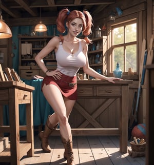 Ultra-detailed 8K image with ultra-realistic cartoon and anime fusion style. | Karla, a confident and seductive 32-year-old woman, is portrayed in a vibrant and lively scene inside a woodworking shop. She is wearing a sleeveless, collarless white t-shirt, a short red accordion skirt, and brown leather boots. She has long pink hair, with two long, straight pigtails held in place by clips. She has red eyes that look directly at the viewer with a seductive expression, smiling showing her teeth and with a reddened face. She also has bright red lipstick highlighting her lips and hot breath coming out of her mouth. | The scene takes place inside a carpentry shop, with wooden structures and tools scattered around the place. The atmosphere is vibrant and lively, with a lamp on the ceiling illuminating the place and an open window letting in daylight. The wooden structures create a feeling of warmth and comfort, while the tools add a touch of utility and practicality to the scene. The open window creates an interesting contrast between the indoor environment and the outside world. | Composition at a general shot angle, emphasizing Karla's sensual figure and the elements of the carpentry around her. Lamp and daylight lighting create shadows and highlight details in the scene. | Soft, colorful lighting effects create a lively and seductive atmosphere, while detailed textures on the wood and tools add realism to the image. | Karla in a carpentry shop, combining cartoon and anime style with ultra-realism, conveying confidence, seduction and utility. | (((((The camera reveals a full-body-shot as she assumes a sensual-pose, engagingly leaning against a structure within the scene in an exciting manner. She takes on a sensual-pose as she interacts, boldly leaning on a structure, leaning back in an exciting way))))). | ((perfect anatomy, perfect body)), ((((perfect pose)))), ((perfect fingers, better hands, perfect hands, perfect legs, perfect feet)), (((perfect breasts, huge breasts)) ), ((perfect design, correct errors, perfect composition, very detailed scene, very detailed background, correct imperfections, perfect layout):1.2), Add more detail, More Detail, Enhance