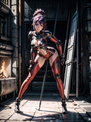 A woman, wearing white cybernetic armor with tight and tight red areas, gigantic breasts, wearing helmet with visor, purple hair, extremely short hair, rebellious hair, hair with ponytail, hair with bangs in front of the eye, looking at the viewer, (((sensual pose+Interacting+leaning on anything+object+leaning against))), on a battlefield with machines, stone structures, military vehicles, fire everywhere, ((full body):1.5), 16K, UHD, unreal engine 5, quality max, max resolution, ultra-realistic, ultra-detailed, maximum sharpness, ((perfect_hands):1), Goodhands-beta2, ((technological))