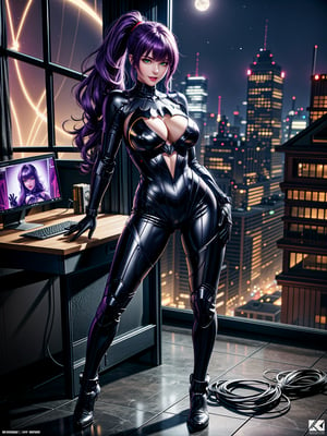 Just a woman, wearing black cybernetic armor+spider-man costume+Batman costume+(black bionic suit with golden parts), absurdly giant breasts, purple hair, barely fulfilled hair, ponytailed hair, fringed hair in front of the eyes, looking at the viewer, (((erotic pose interacting and leaning on something))), in a computer lab,  machines, robots, vehicles, window showing the city at night with a moon at the top left, ((full body):1.5). 16k, UHD, best possible quality, ((best possible detail):1), best possible resolution, Unreal Engine 5, professional photography,photography, perfect_hands,