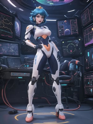 ((Princess Peach)), wearing a mecha suit with blue parts, all white suit, cybernetic armor suit, suit with attached lights, gigantic breasts, full body covering suit, suit very tight on the body, synthetic suit, very short hair, blue hair, mohawk hair, hair with bangs in front of the eyes, she's looking directly at the viewer, she is in an alien aircraft in the control room, with many computers, control panels, display showing outer space, mecha robots, pipes with flowing electricity, UHD, best possible quality, ultra detailed, best possible resolution, ultra technological, futuristic, robotic, Unreal Engine 5, professional photography, ((she is doing sensual pose with interaction and leaning on anything + object + on something + leaning against)), ((full body)), better hands, More detail,
