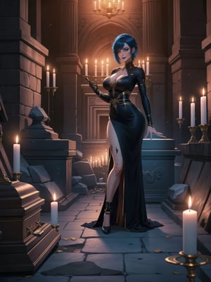 A woman, has gigantic breasts, wearing long black dress with golden bands, tight dress on the body, looking directly at the viewer, short hair, blue hair, mohawk hair, hair with bangs in front of her eyes, she is in an ancient tomb, all dirty, with large stone structures, altars, candles illuminating the place, very dark place, coffins, 16K, UHD, best possible quality, ultra detailed, best possible resolution, ultra technological, futuristic, robotic, Unreal Engine 5, professional photography, she is, ((sensual pose with interaction and leaning on anything + object + on something + leaning against)), perfect anatomy, ((full body)), better_hands. More detail