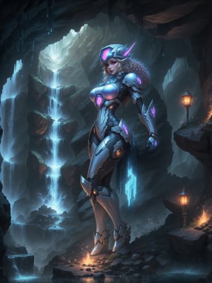Princess Zelda is wearing a white mecha armor with blue parts and lights attached. The mecha costume is tight on her body, her breasts are gigantic. She is wearing a cyber helmet with a transparent visor. Her hair is blue, curly, short and has bangs in front of her eyes. She is looking directly at the viewer. She is in an alien dungeon inside a cave with a waterfall of glowing lava, many large rock structures, large machines with electricity and blinding light, large pipes with running water and monsters swimming in the waterfall, ((She is striking a sensual pose, leaning on anything or object, resting and leaning against herself over it)), ((full body)), mecha, warcraft, UHD, best possible quality, ultra detailed, best possible resolution, Unreal Engine 5, professional photography, perfect hand, fingers, hand, perfect, More detail,