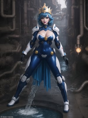 [Princess Peach], has gigantic breasts, wearing mecha costume with parts in blue, mecha costume totally white, mecha costume very tight on the body, ((wearing a crown+cyber helmet)), short hair, blue hair, mohawk hair, hair with bangs in front of her eyes, she is in the sewer, with many pipes coming out water, luminous pipes, large pipe structures, dirty water waterfall, Super Mario Bros, 16K, UHD, best possible quality, ultra detailed, best possible resolution, ultra technological, futuristic, robotic, Unreal Engine 5, professional photography, she is, ((sensual pose with interaction and leaning on anything + object + on something + leaning against)), perfect anatomy, ((full body)), More detail, better_hands.