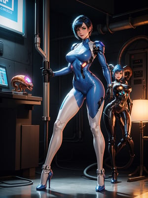 A woman, wearing white wick suit with blue lights, tight body suit with robotic parts, (gigantic breasts), blue hair, very short hair, straight hair, mohawk hair, hair with bangs in front of the eyes, looking at the viewer, in a laboratory, with machines, computers, robots, windows, luminous pipes, ((([posing with interaction and leaning on something|posing with interaction and leaning on an object]))), ((full body):1.5), 16k, UHD, best possible quality, ultra detailed, best possible resolution, Unreal Engine 5, professional photography, well-detailed fingers, well-detailed hand, perfect_hands, perfect, (((super metroid)))