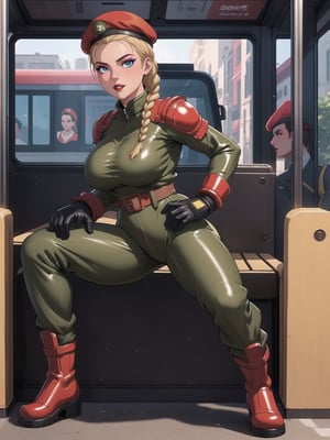 A woman, wearing an all-green latex military suit, belted suit, glove suit, boot suit, wearing red beret, gigantic breasts, blonde hair, braided hair+solo hair with bangs in front of her eyes, (looking directly at the viewer), she is inside a bus, crowded with people, 16K, UHD, best possible quality, ultra detailed,  best possible resolution, Unreal Engine 5, professional photography, ((street fighter cammy)), she is, ((sensual pose with interaction and leaning on anything + object + on something + leaning against)) + perfect_thighs, perfect_legs, perfect_feet, better_hands, ((full body)), More detail,