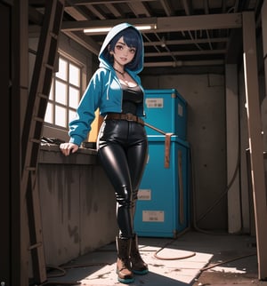 An ultra-detailed 4K masterpiece with fantasy and adventure styles, rendered in ultra-high resolution with stunning graphical detail. | Maiya, an adventurous 23-year-old woman, dressed in a brown leather outfit consisting of a hooded jacket, tight pants, high boots and a belt with multiple compartments. Her short, unkempt blue hair is disheveled, giving her a wild and independent air. Its red eyes are fixed on the viewer, smiling and showing its white teeth. | The image highlights Maiya's imposing figure and the architectural elements of the filthy basement in which she finds herself. The concrete and wooden structures, along with the adventurousness, create a dark and mysterious environment. Spotlights on the walls create dramatic shadows and highlight details in the scene. | Soft, shadowy lighting effects create a tense, mysterious atmosphere, while rough, detailed textures on structures and costumes add realism to the image. | A thrilling and adventurous scene of a brave woman in a filthy basement, exploring themes of courage, mystery and determination. | (((The image reveals a full-body shot as Maiya assumes a sensual pose, engagingly leaning against a structure within the scene in an exciting manner. She takes on a sensual pose as she interacts, boldly leaning on a structure, leaning back and boldly throwing herself onto the structure, reclining back in an exhilarating way.))). | ((((full-body shot)))), ((perfect pose)), ((perfect arms):1.2), ((perfect limbs, perfect fingers, better hands, perfect hands, hands)), ((perfect legs, perfect feet):1.2), ((perfect design)), ((perfect composition)), ((very detailed scene, very detailed background, perfect layout, correct imperfections)), Enhance, Ultra details, More Detail, ((poakl))