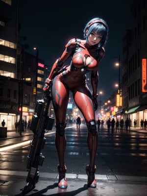 A woman, wearing ((wearing black heroic costume with parts in red+mecha costume with lights, helmet with visor)), short hair, blue hair, curly hair, messy hair, hair with bangs in front of eyes, (((looking at the viewer, sensual pose with interaction and leaning on anything+object+on something+leaning against+leaning against))) on top of a building at night raining hard with a view of the city, with large structures, advertisement, ((full body):1.5); 16K, UHD, unreal engine 5, quality max, max resolution, ultra-realistic, ultra-detailed, maximum sharpness, ((perfect_hands):1), Goodhands-beta2, ((cyberpunk))