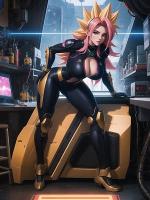 A woman, wearing an all-black mecha suit, a mecha costume with golden parts, a mecha costume with golden lights, a locks suit that is tight on the body, wearing a wick helmet with a transparent visor with lights, pink hair, ((super saiyan hair)), spiky hair, hair that is too short, messy hair, hair with bangs in front of the eyes, gigantic breasts, (looking directly at the viewer),  she's in a futuristic lab, computers, machines, window showing the city, 16K, UHD, best possible quality, ultra detailed, best possible resolution, Unreal Engine 5, professional photography, she is, ((sensual pose with interaction and leaning on anything + object + on something + leaning against)) + perfect_thighs, perfect_legs, perfect_feet, better_hands, ((full body)), More detail,