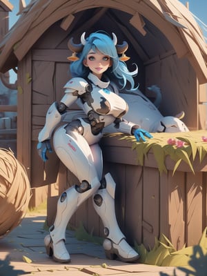 ((A cow woman)), has gigantic breasts, wearing mecha+robotic armor with small blue areas, all white suit, very tight, short hair, blue hair, hair with bangs in front of her eyes, she is in a stable, with large wooden structures, hay bales, machines, warcraft, 16K, UHD, best possible quality, ultra detailed, best possible resolution, ultra technological, futuristic, robotic, Unreal Engine 5, professional photography. She is in a ((sensual pose with interaction and leaning on anything + object + on something + leaning against)) + perfect_thighs, perfect_legs, perfect_feet and ((full body)). More detail and better hands.