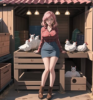 An ultra-detailed 16K masterpiece with Country and Rural styles, rendered in ultra-high resolution with extraordinary detail. | Darla, a young 23-year-old woman, is dressed in a farmer's outfit, consisting of a red and white plaid shirt, denim skirt and brown leather boots. Her pink hair is short and disheveled, with a modern and stylish cut. ((Her golden eyes are looking at the viewer, smiling and showing her teeth, with red lipstick on her lips)). She is in a shed on a farm, with wooden structures, concrete structures, crates, machines and tires around her. A tractor, a barn and a chicken coop adorn the scene. | The image highlights Darla's imposing figure and the rural elements of the shed. The wooden structures, concrete structures, crates, machines and tires, together with the tractor, barn and chicken coop, create a rural and welcoming environment. The shadows created by the warehouse lights highlight the details of the scene and create a mysterious atmosphere. | Soft, warm lighting effects create a welcoming, rural atmosphere, while detailed textures on skin, clothing, and structures add realism to the image. | Darla, a farmer in a shed, exploring themes of country, rurality and simplicity. | (((The image reveals a full-body shot as Darla assumes a sensual pose, engagingly leaning against a structure within the scene in an exciting manner. She takes on a sensual pose as she interacts, boldly leaning on a structure, leaning back and boldly throwing herself onto the structure, reclining back in an exhilarating way.))). | ((((full-body shot)))), ((perfect pose)), ((perfect arms):1.2), ((perfect limbs, perfect fingers, better hands, perfect hands, hands)), ((perfect legs, perfect feet):1.2), ((huge breasts))++, ((perfect design)), ((perfect composition)), ((very detailed scene, very detailed background, perfect layout, correct imperfections)), Enhance, Ultra details++, More Detail, poakl