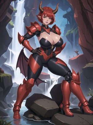 ((A demon woman)), has gigantic breasts, is wearing mecha costume+robotic armor with parts in red, totally black costume, she has ((red horns)), red hair, short hair, hair with bangs covering her eyes, she is, in the underworld, with many machines large stone structures, waterfall with dirty water, monsters , warcraft, 16K, UHD, best possible quality, ultra detailed, best possible resolution, ultra technological, futuristic, robotic, Unreal Engine 5, professional photography, she is, ((sensual pose with interaction and leaning on anything + object + on something + leaning against)) + perfect_thighs, perfect_legs, perfect_feet, ((full body)), more detail, better_hands