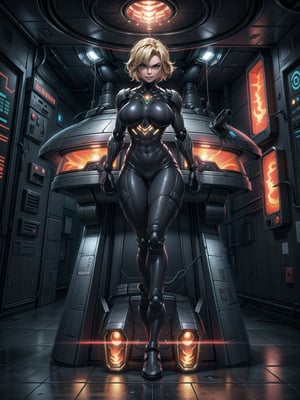 A woman, wearing black robotic armor with gold parts, gigantic breasts, blonde hair, short hair, messy hair, hair with bangs in front of her eyes, looking at the viewer, (((sensual pose with interaction and leaning on anything+object +leaning against))), on an alien spaceship, with computers, window, lights on the walls, elevators, structures, ((full body):1.5), 16K, UHD, unreal engine 5, quality max, max resolution, ultra -realistic, ultra-detailed, maximum sharpness, ((perfect_hands):1), Goodhands-beta2, super_metroid+((alien spaceship)), ((ultra technology)), flaming eye,flaming eye