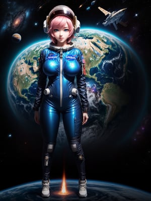 ((full body):2) {((Alone/A woman/standing):1.5)}: ((wearing a NASA astronaut suit, with helmet on head with transparent glass):1.2), ((extremely large breasts ):1.5), ((shimmering blue eyes, short pink hair)1.2), ((looking at the viewer with a loving gaze, smile):1.3), ((erotic pose):1.3),\n She is (( flying in outer space, planet earth in the back, NASA space rocket on the side):1.2), anime, anime-style, 16k, ((best quality, high details):1.4), masterpiece, UHD