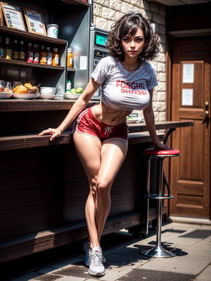 A woman, wearing ((white T-shirt with red stripes with logo:"EB", short red shorts with stripes, long white sock and sneakers, gigantic breasts)), short hair, green hair, curly hair, messy hair, hair with bangs in front of her eyes, (((looking at the viewer, sensual pose with interaction and leaning on anything+object+on something+leaning against+leaning against))) in a diner full of people, with counter, tables and chairs, soda machines, ((full body):1.5); 16K, UHD, unreal engine 5, quality max, max resolution, ultra-realistic, ultra-detailed, maximum sharpness, ((perfect_hands):1), Goodhands-beta2,