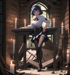 An ultra-detailed 4K masterpiece with gothic and horror styles, rendered in ultra-high resolution with realistic graphic details. | Miya, a young 23-year-old woman with huge breasts, is dressed in a school outfit, consisting of a white blouse, a black and white plaid skirt, black socks and black low-heeled shoes. She is also wearing a black tie, a black school cap with a red sash, silver heart earrings, and a black leather bracelet. Her blue hair is long and straight, falling over her shoulders in a half-up hairstyle. ((She has red eyes, which are looking straight at the viewer with a seductive smile, showing her shiny white teeth)). It is located in a macabre house, with rubble and everything destroyed. The place is dark and poorly lit, with candles spread across the floor. The rock and wooden structures are in ruins, creating a frightening and uncomfortable atmosphere. | The image highlights Miya's sensual figure and the architectural elements of the house. The ruined rock and wooden structures, along with the rubble and candles, create a gothic and horror atmosphere. Dim, intermittent lights illuminate the scene, creating eerie shadows and highlighting the details of the scene. | Soft, shadowy lighting effects create a tense, fear-filled atmosphere, while detailed textures on skin and clothing add realism to the image. | A frightening and seductive scene of a young woman dressed as a schoolgirl in a macabre house, exploring themes of gothic, horror, fear and seduction. | (((The image reveals a full-body shot as Miya assumes a sensual pose, engagingly leaning against a structure within the scene in an exciting manner. She takes on a sensual pose as she interacts, boldly leaning on a structure, leaning back and boldly throwing herself onto the structure, reclining back in an exhilarating way.))). | ((((full-body shot)))), ((perfect pose)), ((perfect arms):1.2), ((perfect limbs, perfect fingers, better hands, perfect hands, hands)), ((perfect legs, perfect feet):1.2), Miya has (((huge breasts))), ((perfect design)), ((perfect composition)), ((very detailed scene, very detailed background, perfect layout, correct imperfections)), Enhance, Ultra details, More Detail, ((poakl))