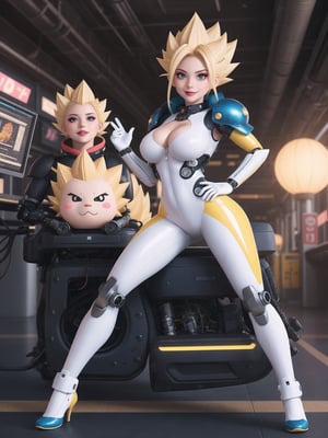 ((A kawaii woman)), wearing cybernetic suit + robotic armor + all-white latex suit, with blue and yellow parts, gigantic breasts, ((super saiyan hair))+blue hair, spiky hair, hair with bangs in front of the eyes, (looking directly at the viewer), she is on an airplane, machines, computers, people with different ethnicities, 16K, UHD, best possible quality,  ultra detailed, best possible resolution, Unreal Engine 5, professional photography,, she is, ((sensual pose with interaction and leaning on anything + object + on something + leaning against)) + perfect_thighs, perfect_legs, perfect_feet, better_hands, ((full body)), More detail,