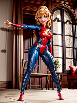 Just a woman, wearing the spider-man costume+medieval armor+black cybernetic armor with extremely tight and tight golden parts on the body, absurdly giant breasts, blonde hair, barely fulfilled hair, ponytailed hair, hair with bangs in front of the eyes, looking at the viewer, (((erotic pose interacting and leaning on something))), in a medieval castle, furniture, armor, figurines, windows, is by day, ((full body):1.5). 16k, UHD, best possible quality, ((best possible detail):1), best possible resolution, Unreal Engine 5, professional photography,perfect_hands,1girl