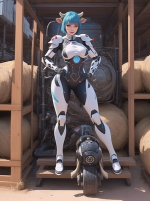 ((A cow woman)), has gigantic breasts, wearing mecha+robotic armor with small blue areas, all white suit, very tight, short hair, blue hair, hair with bangs in front of her eyes, she is in a stable, with large wooden structures, hay bales, machines, warcraft, 16K, UHD, best possible quality, ultra detailed, best possible resolution, ultra technological, futuristic, robotic, Unreal Engine 5, professional photography. She is in a ((sensual pose with interaction and leaning on anything + object + on something + leaning against)) + perfect_thighs, perfect_legs, perfect_feet and ((full body)). More detail and better hands.