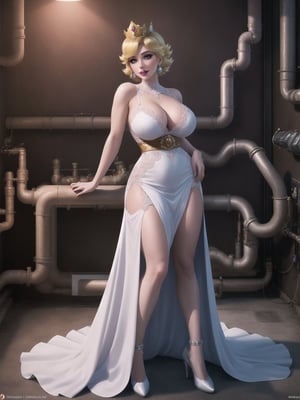 Princess Peach, has gigantic breasts, wearing long all white dress with pink sashes, tight dress on the body, looking directly at the viewer, ((wearing a crown)), short hair, blue hair, mohawk hair, hair with bangs in front of her eyes, she is in a house all made of colored pipes, with furniture made of pipes, large pipes with running water, Super Mario Bros, 16K, UHD, best possible quality, ultra detailed, best possible resolution, ultra technological, futuristic, robotic, Unreal Engine 5, professional photography, she is, ((sensual pose with interaction and leaning on anything + object + on something + leaning against)), perfect anatomy, ((full body)), better_hands, More detail,