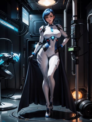 A woman, wearing white wick costume with blue lights, very tight costume on the body with robotic parts, (gigantic breasts), blue hair, very short hair, straight hair, mohawk hair, hair with bangs in front of the eyes, looking at the viewer, ((pose with interaction and leaning [on an object|on something])) in a laboratory, with machines, computers, robots, windows, luminous pipes, ((full body):1.5), 16k, UHD, best possible quality, ultra detailed, best possible resolution, Unreal Engine 5, professional photography, well-detailed fingers, well-detailed hand, perfect_hands, perfect, (megamanx, super metroid)