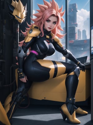 A woman, wearing an all-black mecha suit, a mecha costume with golden parts, a mecha costume with golden lights, a locks suit that is tight on the body, wearing a wick helmet with a transparent visor with lights, ((super saiyan hair)), pink hair, spiky hair, hair that is too short, messy hair, hair with bangs in front of the eyes, (looking directly at the viewer),  she's in a futuristic lab, computers, machines, window showing the city, 16K, UHD, best possible quality, ultra detailed, best possible resolution, Unreal Engine 5, professional photography, she is, ((sensual pose with interaction and leaning on anything + object + on something + leaning against)) + perfect_thighs, perfect_legs, perfect_feet, better_hands, ((full body)), More detail,