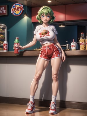 A woman, wearing ((white T-shirt with red stripes with logo:"ROD", short red shorts with stripes, long white sock and sneakers, gigantic breasts)), short hair, green hair, curly hair, messy hair, hair with bangs in front of her eyes, (((looking at the viewer, sensual pose with interaction and leaning on anything+object+on something+leaning against+leaning against))) in a diner full of people, with counter, tables and chairs, soda machines, ((full body):1.5); 16K, UHD, unreal engine 5, quality max, max resolution, ultra-realistic, ultra-detailed, maximum sharpness, ((perfect_hands):1), Goodhands-beta2, ((burger king))