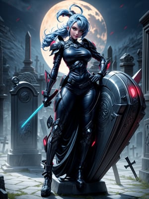 1woman, wearing futuristic armor+bionic costume+metal plates, white suit with black parts, extremely giant breasts, blue hair, very short hair, mohawk hair, hair with bangs in front of the eyes, helmet on the head, looking at the viewer, (((erotic pose interacting and leaning on something))), in an ancient cemetery, large evil soleis, large tombstones, large tombs,  candles stuck on headstones illuminating the place, fog, cemetery at night with full moon at top left, ((full body):1.5), ((bloodrayne)),16k, UHD, best possible quality, ((ultra detailed):1), best possible resolution, Unreal Engine 5, professional photography, perfect_hands