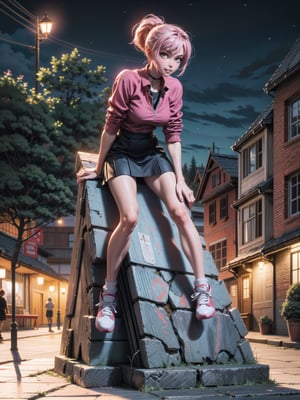 A woman, red shirt without collar and sleeves, very short black skirt, white sneakers, gigantic breasts, wearing cap, pink hair, extremely short hair, rebellious hair, hair with ponytail, hair with bangs in front of the eye, looking at the viewer, (((sensual pose+Interacting+leaning on anything+object+leaning against))), in a small square at night with many structures, banks, trees, lots of people walking, (full body:1.5), 16K, UHD, unreal engine 5, quality max, max resolution, ultra-realistic, ultra-detailed, maximum sharpness, ((perfect_hands):1), Goodhands-beta2