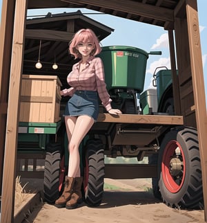 An ultra-detailed 16K masterpiece with Country and Rural styles, rendered in ultra-high resolution with extraordinary detail. | Darla, a young 23-year-old woman, is dressed in a farmer's outfit, consisting of a red and white plaid shirt, denim skirt and brown leather boots. Her pink hair is short and disheveled, with a modern and stylish cut. ((Her golden eyes are looking at the viewer, smiling and showing her teeth, with red lipstick on her lips)). She is in a shed on a farm, with wooden structures, concrete structures, crates, machines and tires around her. A tractor, a barn and a chicken coop adorn the scene. | The image highlights Darla's imposing figure and the rural elements of the shed. The wooden structures, concrete structures, crates, machines and tires, together with the tractor, barn and chicken coop, create a rural and welcoming environment. The shadows created by the warehouse lights highlight the details of the scene and create a mysterious atmosphere. | Soft, warm lighting effects create a welcoming, rural atmosphere, while detailed textures on skin, clothing, and structures add realism to the image. | Darla, a farmer in a shed, exploring themes of country, rurality and simplicity. | (((The image reveals a full-body shot as Darla assumes a sensual pose, engagingly leaning against a structure within the scene in an exciting manner. She takes on a sensual pose as she interacts, boldly leaning on a structure, leaning back and boldly throwing herself onto the structure, reclining back in an exhilarating way.))). | ((((full-body shot)))), ((perfect pose)), ((perfect arms):1.2), ((perfect limbs, perfect fingers, better hands, perfect hands, hands)), ((perfect legs, perfect feet):1.2), ((huge breasts))++, ((perfect design)), ((perfect composition)), ((very detailed scene, very detailed background, perfect layout, correct imperfections)), Enhance, Ultra details++, More Detail, poakl