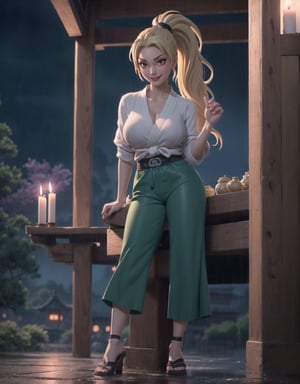 Masterpiece in maximum 16K resolution, inspired by (Naruto Shippuden style). | In the ninja temple during a rainy night, Tsunade, a 30-year-old woman with ((gigantic_breasts)), wears a green outfit, a white collarless shirt, dark blue trousers, and black leather sandals, all snugly fitting her body. ((Tsunade)) looks directly at the viewer, offering a genuine smile, highlighting a small purple mark in the center of her forehead. Her long blonde hair, with a generous fringe in front of her right eye, is tied in a ponytail. | In the background, the temple features structures of black marble, altars with ninja inscriptions, imposing pillars, a statue of an ancient Hokage, and candles affixed to the walls. The heavy rain adds drama to the scene, creating reflections on wet surfaces. | Compelling scene of Tsunade, the 30-year-old ninja woman, in a temple at night during a torrential rain. | {The camera is positioned very close to her, revealing her entire body as she adopts a (sensual_pose), interacting with and leaning on a structure in the scene in an exciting way} | ((perfect_pose)), She is adopting a ((sensual_pose as interacts, boldly leaning on a structure, leaning back in an exciting way):1.3), ((full body)), (perfect_fingers:1.0), (perfect_legs:1.0), More_Detail, realhands