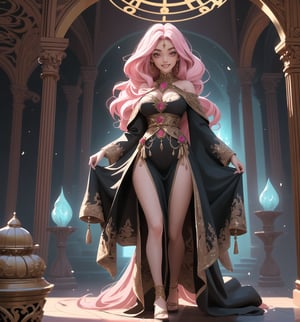 An ultra-detailed 4K masterpiece with fantasy and adventure styles, rendered in ultra-high resolution with stunning graphical detail. | Maiya, a 23-year-old sorceress woman, dressed in a black sorceress costume consisting of a long hooded tunic, adorned with mystical symbols in silver. Her long, wavy ((pink hair)) falls over her shoulders, giving her a mysterious and charming look. ((His red eyes are fixed on the viewer, smiling and showing his white teeth)). | The image highlights Maiya's imposing figure and the architectural elements of the shadow temple in which she finds herself. The black rock structures and black marble statues, along with the sorceress, create a dark and mystical environment. Lighted candles spread across the floor create dramatic shadows and highlight the details of the scene. | Soft, shadowy lighting effects create a tense, mysterious atmosphere, while rough, detailed textures on structures and costumes add realism to the image. | An exciting and adventurous scene of a sorceress woman in a temple of shadows, exploring themes of magic, mystery and determination. | (((The image reveals a full-body shot as Maiya assumes a sensual pose, engagingly leaning against a structure within the scene in an exciting manner. She takes on a sensual pose as she interacts, boldly leaning on a structure, leaning back and boldly throwing herself onto the structure, reclining back in an exhilarating way.))). | ((((full-body shot)))), ((perfect pose)), ((perfect arms):1.2), ((perfect limbs, perfect fingers, better hands, perfect hands, hands)), ((perfect legs, perfect feet):1.2), ((perfect design)), ((perfect composition)), ((very detailed scene, very detailed background, perfect layout, correct imperfections)), Enhance, Ultra details, More Detail, ((poakl))