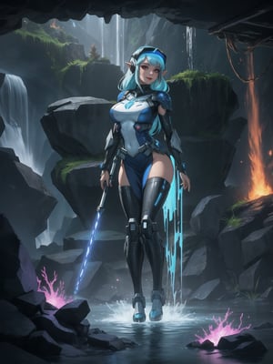 Princess Zelda is wearing a white mecha armor with blue parts and lights attached. The mecha costume is tight on her body, her breasts are gigantic. She is wearing a cyber helmet with a transparent visor. Her hair is blue, curly, short and has bangs in front of her eyes. She is looking directly at the viewer. She is in an alien dungeon inside a cave with a waterfall of glowing lava, many large rock structures, large machines with electricity and blinding light, large pipes with running water and monsters swimming in the waterfall, ((She is striking a sensual pose, leaning on anything or object, resting and leaning against herself over it)), ((full body)), mecha, warcraft, UHD, best possible quality, ultra detailed, best possible resolution, Unreal Engine 5, professional photography, perfect hand, fingers, hand, perfect, More detail,