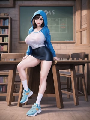 A woman is wearing a blue coat with a hood covering her head, a white T-shirt, a very short black skirt, knee-length lycra socks and white sneakers. The outfit is very tight on the body, highlighting her gigantic breasts. She has short chanel-style hair, with a very long fringe covering her left eye and is looking directly at the viewer. She is inside a classroom, which has a blackboard, tables with chairs, bookshelves with books and windows. ((A woman doing a sensual pose with interaction and leaning on anything+object+on something+structure+leaning against+sensual pose)), maximum sharpness, super_metroid, UHD, 16k, best possible quality, ultra detailed, best possible resolution, (full body:1.5), Unreal Engine 5, professional photography, perfect_thighs, perfect_legs, perfect_feet, perfect hand, fingers, hand, perfect, better_hands, more detail