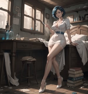 Image in a macabre style fused with elements of realism, rendered in ultra-high resolution with graphic details. | A young 20-year-old woman with short blue hair styled to the side, is positioned in an old and destroyed macabre hospital. She wears a nurse's outfit consisting of a white blouse, a white skirt with lace, white stockings, and low-cut white shoes. She also wears accessories such as a pearl necklace, a heart-shaped pendant, a silver bracelet, and a ring with a pink stone. The colors and materials are faithful to the hospital environment, with shades of white, blue, and metal. She has red eyes that gleam intensely as she looks with determination and curled lips, (((smiling))), showing her teeth, staring directly at the viewer. The facial expression is intense and challenging, and the voice tone is strong and confident. | The image highlights the imposing figure of the young woman and the architectural elements of the hospital. The wooden structures, such as beds with torn mattresses, cabinets with broken shelves, and chairs with broken legs, along with the metal structures, such as carts with rusted wheels, lamps with broken bulbs, and tables with drawers without bottoms, create a scary and desolate environment. The bathroom with a toilet, sink, and shower, wooden shelf with jars and bottles, and wooden table with books and papers, add details to the scene. The dirty and cracked walls, the ruined ceiling, and the floor full of debris, reinforce the atmosphere of fear and desolation. | Soft and dark lighting effects create a tense and desire-filled atmosphere, while detailed textures on the skin, outfit, and structures add realism to the image. | A daring and provocative scene of a young woman dressed as a nurse in an old and destroyed macabre hospital, exploring themes of desire, fear, and desolation. | (((((The image reveals a full-body_shot as she assumes a sensual_pose, leaning against a structure within the scene in an engaging and exciting manner. She assumes a sensual_pose as she interacts, boldly leaning on a structure and leaning back in an exciting manner.))))). | ((perfect_body)), ((perfect_pose)), ((full-body_shot)), ((perfect_fingers, better_hands, perfect_hands)), ((perfect_legs, perfect_feet)), ((perfect_design)), ((perfect_composition)), ((very detailed scene, very detailed background, perfect_layout, correct_imperfections)), More Detail, Enhance