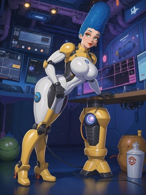 marge simpson, wearing a mecha suit with blue parts, all white suit, cybernetic armor suit, suit with attached lights, gigantic breasts, full body covering suit, suit very tight on the body, synthetic suit, very short hair, blue hair, mohawk hair, hair with bangs in front of the eyes, she's looking directly at the viewer, she is in an alien aircraft in the control room, with many computers, control panels, display showing outer space, mecha robots, pipes with flowing electricity, UHD, best possible quality, ultra detailed, best possible resolution, ultra technological, futuristic, robotic, Unreal Engine 5, professional photography, ((she is doing sensual pose with interaction and leaning on anything + object + on something + leaning against)), ((full body)), better hands, More detail, marge simpson
