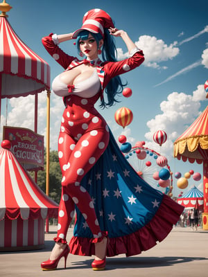 A woman, wearing a circus clown costume in a red suit, white T-shirt with blue polka dots, long red pants, red circus clown shoes, tight and tight clothing on the body, ((gigantic breasts)), blue hair, hair with ponytail, hair straight, hair with bangs in front of the eyes, looking at the viewer, (((pose with interaction and leaning on [something|an object]))), in an amusement park with many food cars, tables, toys, is in the afternoon, beautiful clouds in the sky, ((full body):1.5), 16k, UHD, best possible quality, ultra detailed, best possible resolution, Unreal Engine 5, professional photography, (perfect:0.5), ((well-detailed fingers):0.5), ((well-detailed hand):0.5), ((perfect hands):0.5), ((circus clown))