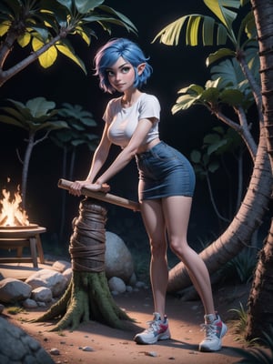 A woman, wearing a white T-shirt, black short skirt, white sneakers with red stripes, tight and short clothes, gigantic breasts, blue hair, short hair, hair with bangs in front of her eyes, (looking at the viewer), (((sensual pose+Interacting+leaning on anything+object+leaning against))) in a rainforest at night with many structures, large stones, a campsite with a campfire, tent, tree trunks, 16K, UHD, ((full body)), unreal engine 5, quality max, max resolution, ultra-realistic, ultra-detailed, maximum sharpness, ((perfect_hands)), ((perfect_legs)), zelda tears of the kingdom, Goodhands-beta2,