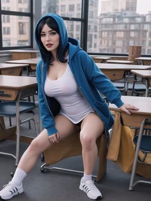 A woman is wearing a blue coat with a hood covering her head, a white T-shirt, a very short black skirt, knee-length lycra socks and white sneakers. The outfit is very tight on the body and her breasts are gigantic. She has blue hair, short in chanel style, with a very long fringe covering her left eye. She is looking directly at the viewer. She is inside a classroom, with a blackboard, tables with chairs, bookshelves with books and windows. There are many structures around. ((A woman doing a sensual pose with interaction and leaning on anything+object+on something+structure+leaning against+sensual pose)), maximum sharpness, super_metroid, UHD, 16k, realistic style, best possible quality, ultra detailed, best possible resolution, (full body:1.5), Unreal Engine 5, professional photography, perfect_thighs, perfect_legs, perfect_feet, perfect hand, fingers, hand, perfect, better_hands, more detail