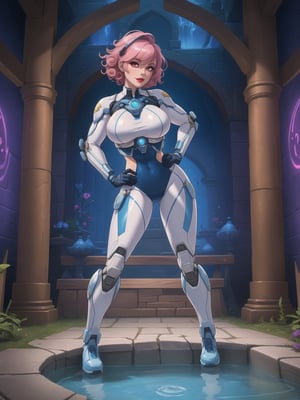 A woman, she is wearing an all-white cybernetic suit, a cybernetic suit with blue parts, a very tight cybernetic suit on her body, she has gigantic breasts, very short hair, pink hair, curly hair, hair with bangs in front of her eyes, she is looking directly at the viewer, she is in a dungeon, with large stone structures, many technological machines, many luminous pipes with running water, altars, figurines, warcraft, ((full body)),  UHD, best possible quality, ultra detailed, best possible resolution, ultra technological, Unreal Engine 5, professional photography, ((she is doing sensual pose with interaction and leaning on anything, structures+object+on something+leaning against)), perfect, More detail,