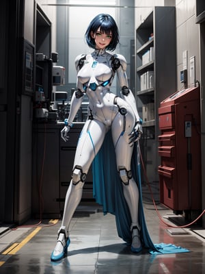 ((A robot woman)), wearing a white wick suit with black metal parts, blue hair, short hair, hair with bangs in front of the eyes, looking at the viewer, (((erotic pose interacting and leaning [on something in the environment|on an object])))), in a laboratory with several machines, robots, large structures, ((full body):1.5), 16k, UHD, best possible quality,  ultra detailed, best possible resolution, Unreal Engine 5, professional photography, well-detailed fingers, well-detailed hand, perfect_hands