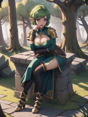 A woman wearing a tight-fitting golden medieval armor with gigantic breasts, green hair with bangs in front of her eyes and very short hair is staring fixedly at the viewer. She is in a completely destroyed castle with many moss-covered stone structures, trees, tree trunks, stone pillars with ancient inscriptions and lots of vegetation, ((She is striking a sensual pose, leaning on anything or object, resting and leaning against herself over it)), ((full body)), warcraft, legend_of_zelda, UHD, best possible quality, ultra detailed, best possible resolution, Unreal Engine 5, professional photography, perfect hand, fingers, hand, perfect , More detail,
