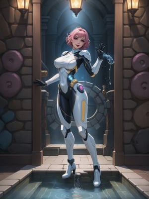 A woman, she is wearing an all-white cybernetic suit, a cybernetic suit with blue parts, a very tight cybernetic suit on her body, she has gigantic breasts, very short hair, pink hair, curly hair, hair with bangs in front of her eyes, she is looking directly at the viewer, she is in a dungeon, with large stone structures, many technological machines, many luminous pipes with running water, altars, figurines, warcraft, ((full body)),  UHD, best possible quality, ultra detailed, best possible resolution, ultra technological, Unreal Engine 5, professional photography, she is doing (sensual pose with interaction and leaning on anything) + (object + on something + leaning against), perfect, More detail,