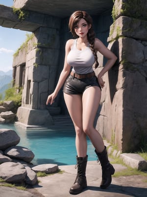 A woman archaeologist is wearing a white collarless and sleeveless T-shirt, dark brown shorts and black leather boots. The outfit is very tight on the body and her breasts are gigantic. Her hair is brown, shoulder-length, braided, with a very large fringe covering her right eye. She is looking directly at the viewer. The woman is in an ancient inca temple on top of the mountains, with many ancient structures, altars, figurines and gigantic statues of ancient gods. There is a lagoon with running water and many rock structures around, ((a woman is striking a sensual pose, interacting and leaning on any available object/structure in the scene)), maximum sharpness, UHD, 16K, anime style, best possible quality, ultra detailed, best possible resolution, (full body:1.5), Unreal Engine 5, professional photography, perfect_thighs, perfect_legs, perfect_feet, perfect hand, fingers, hand, perfect, better_hands, (Tomb Raider), Add more detail