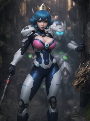 [Princess Peach], has gigantic breasts, wearing mecha suit with blue parts, totally white mecha suit, very tight mecha suit on the body, wearing a crown + cybernetic helmet, short hair, blue hair, mohawk hair, hair with bangs in front of the eyes, she is in a dungeon, with many pipes, large stone structures, machines, monsters, dirty water waterfall, Super Mario Bros, super metroid, 16K, UHD, best possible quality, ultra detailed, best possible resolution, ultra technological, futuristic, robotic, Unreal Engine 5, professional photography, she is ((sensual pose with interaction and leaning on anything + object + on something + leaning against)), perfect anatomy, ((full body)), More detail, better_hands.