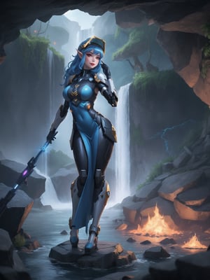 Princess Zelda is wearing a white mecha armor with blue parts and lights attached. The mecha costume is tight on her body, her breasts are gigantic. She is wearing a cyber helmet with a transparent visor. Her hair is blue, curly, short and has bangs in front of her eyes. She is looking directly at the viewer. She is in an alien dungeon inside a cave with a waterfall of glowing lava, many large rock structures, large machines with electricity and blinding light, large pipes with running water and monsters swimming in the waterfall, ((She is striking a sensual pose, leaning on anything or object, resting and leaning against herself over it)), ((full body)), mecha, warcraft, UHD, best possible quality, ultra detailed, best possible resolution, Unreal Engine 5, professional photography, perfect hand, fingers, hand, perfect, More detail,