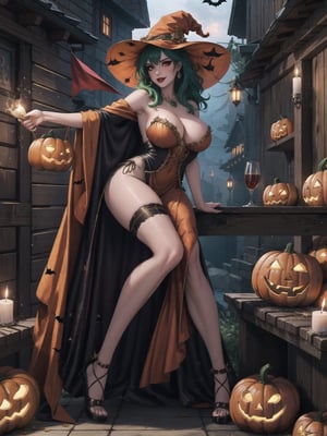 Solo woman, wearing a very long witch costume, with a red cape, gigantic breasts, ((costume covering the whole body)), wearing a witch's hat, mohawk hair, green hair, messy hair, (looking directly at the viewer), she is in an old village having a halloween party, with altars, wooden structures, pumpkins with slaps, candles illuminating the place,  many monster drawing boards, ((halloween)), 16K, UHD, best possible quality, ultra detailed, best possible resolution, Unreal Engine 5, professional photography, she is, ((sensual pose with interaction and leaning on anything + object + on something + leaning against)) + perfect_thighs, perfect_legs, perfect_feet, better_hands, ((full body)), More detail,