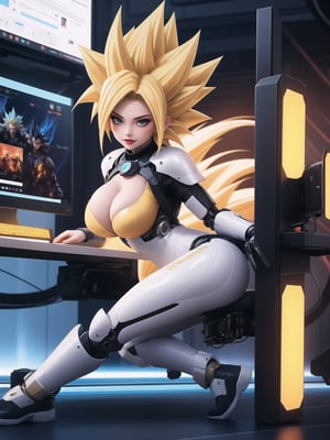 ((A kawaii woman)), wearing cybernetic suit + robotic armor + all-white latex suit, with blue and yellow parts, gigantic breasts, ((only she has super saiyan blue hair)), spiky hair, hair with bangs in front of the eyes, (looking directly at the viewer), she is on an airplane, machines, computers, people with different ethnicities, 16K, UHD, best possible quality,  ultra detailed, best possible resolution, Unreal Engine 5, professional photography,, she is, ((sensual pose with interaction and leaning on anything + object + on something + leaning against)) + perfect_thighs, perfect_legs, perfect_feet, better_hands, ((full body)), More detail,