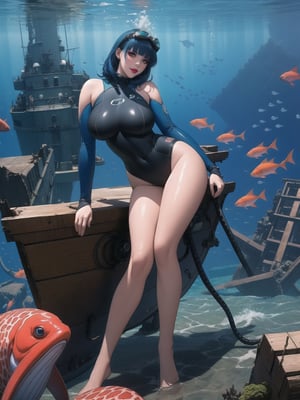 A female diver, wearing an all-black wetsuit with parts in blue, blue fins, black gloves, diving mask with diving goggles, gigantic breasts, blue hair, spiky hair, hair with bangs in front of the eyes, (looking directly at the viewer), she is at the bottom of the sea in front of a shipwreck, many fish, corals, parts of the sunken ship, giant octopus, 16K, UHD, best possible quality, ultra detailed, best possible resolution, Unreal Engine 5, professional photography, ((super saiyang)), she is, ((sensual pose with interaction and leaning on anything + object + on something + leaning against)) + perfect_thighs, perfect_legs, perfect_feet, better_hands, ((full body)), More detail,