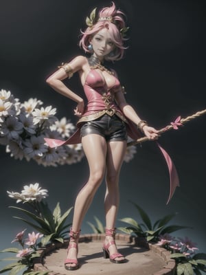 ((full body, standing):1.5), {((1 woman))}, {((wearing brown leather indian clothes, extremely tight and short in the body, short leather shorts and short velvet)), ((big breasts)), ((short pink hair, mohawk, sparkling blue eyes, wearing small feathered headdress)), ((looking at viewer, maniacal smile, making erotic pose, holding a bow and arrow)), ((in an indigenous village, cloudy sky, it's daytime, plants and flowers, Indians of different ethnicities))}, 16k, high quality, high detail, UHD